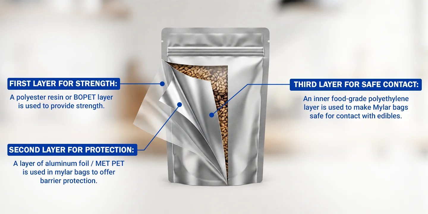 3-layer Mylar bag structure showing durability and thickness options