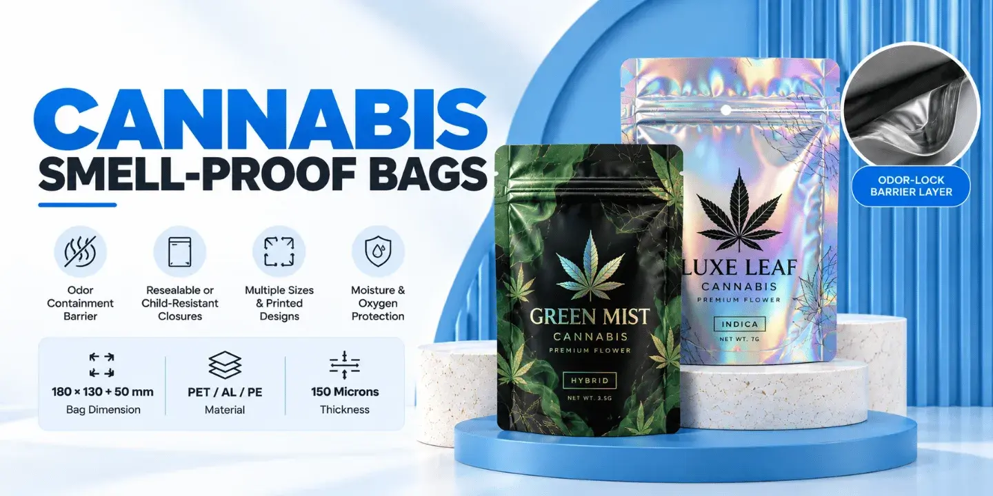 Smell-proof, child-resistant cannabis packaging with odor-lock foil.