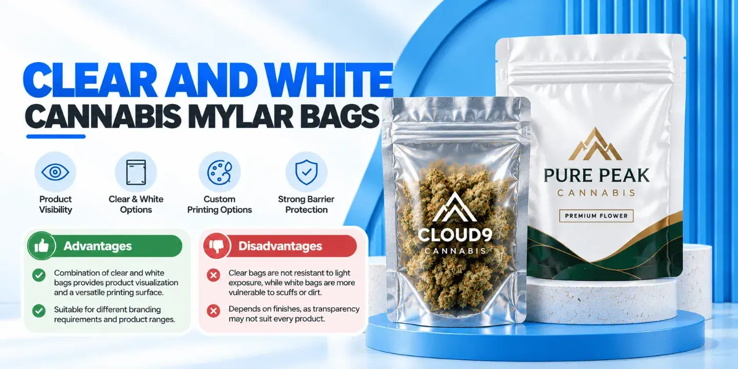 Clear and white cannabis Mylar bags comparing product visibility and branding.