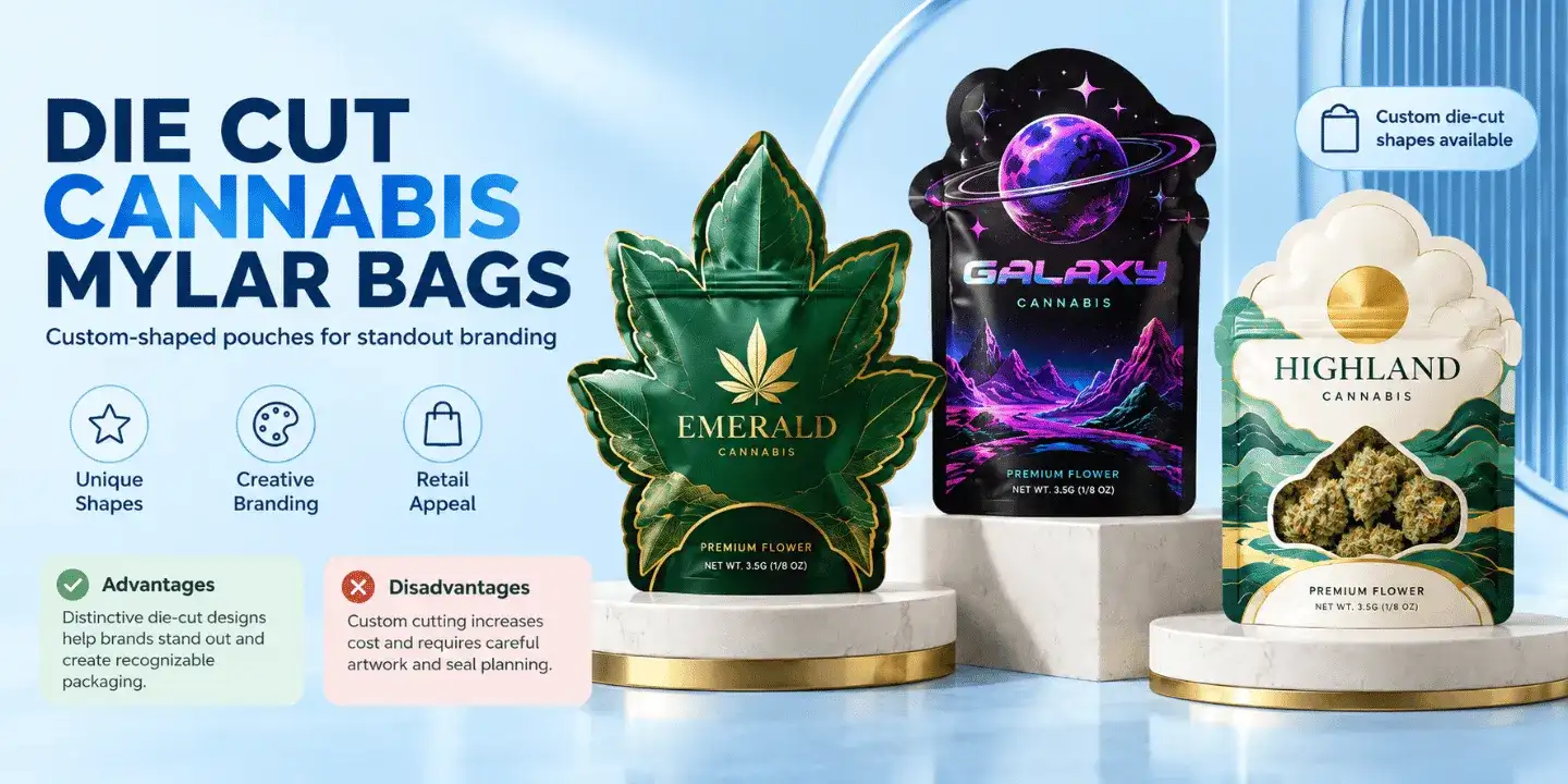 Custom die-cut cannabis Mylar bags with unique shaped packaging outlines.