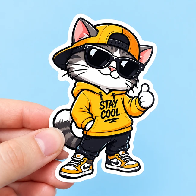 Custom die-cut brand logo stickers applied on packaging and promotional products.