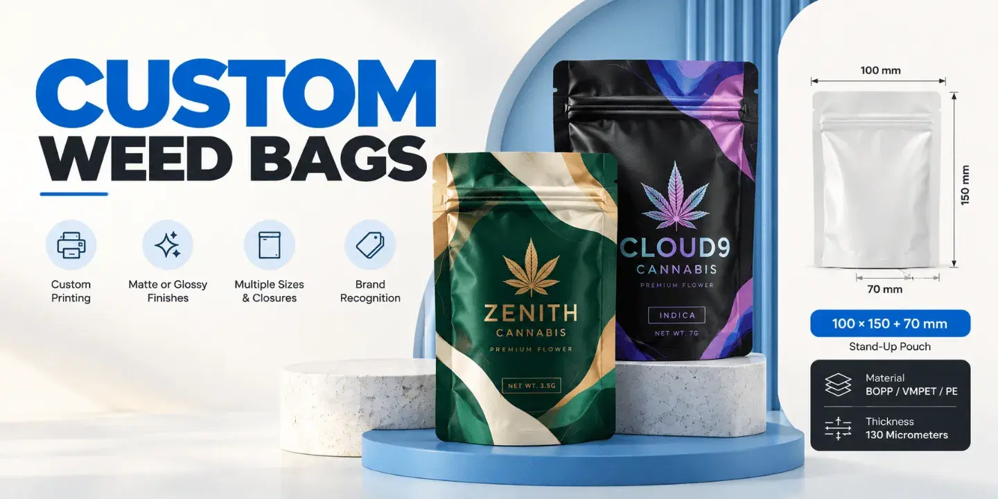 Custom printed stand-up weed bags with barrier packaging specs.