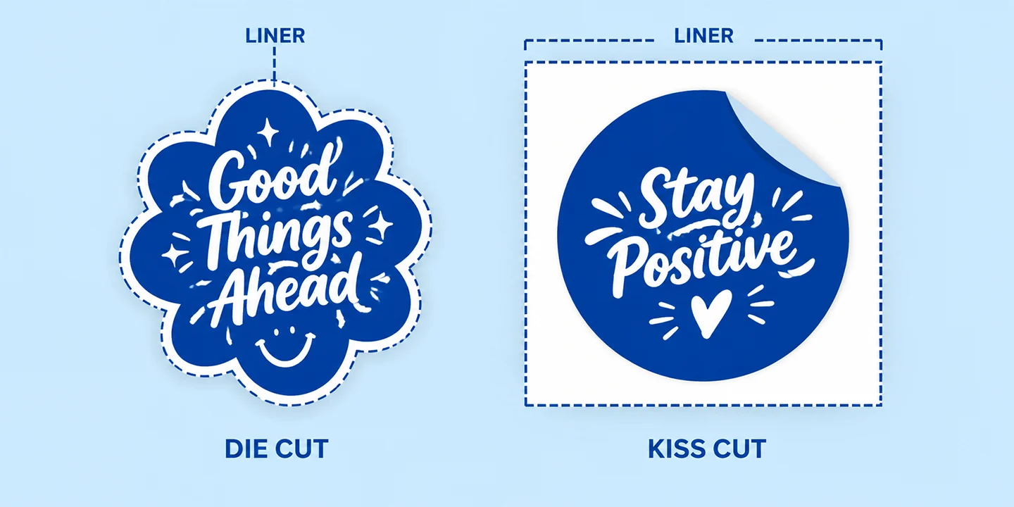 cloud-shaped die-cut sticker vs circle kiss-cut sticker with peeling square backing.