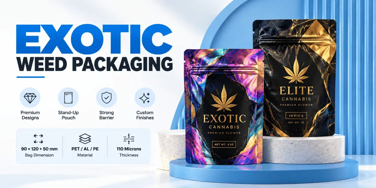 Exotic weed packaging bags with premium metallic foil finish.
