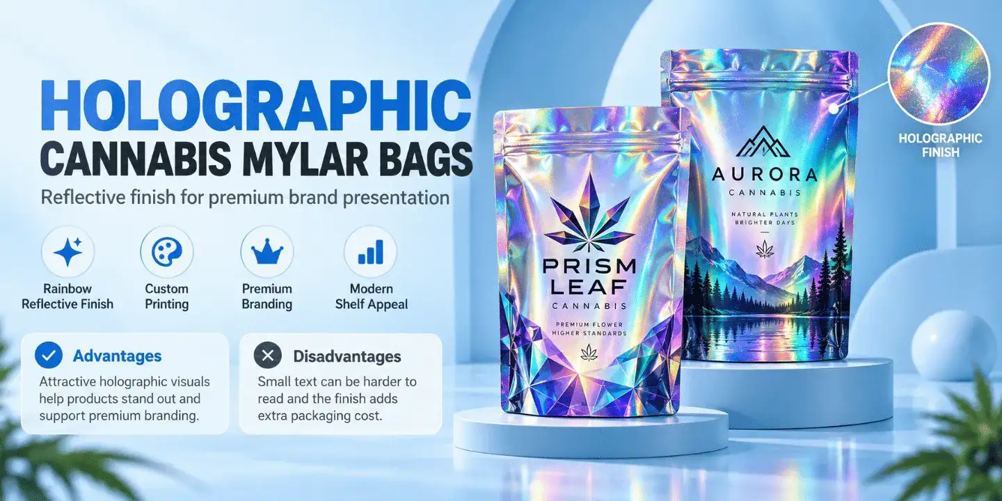 Holographic cannabis Mylar bags with rainbow reflective finish.