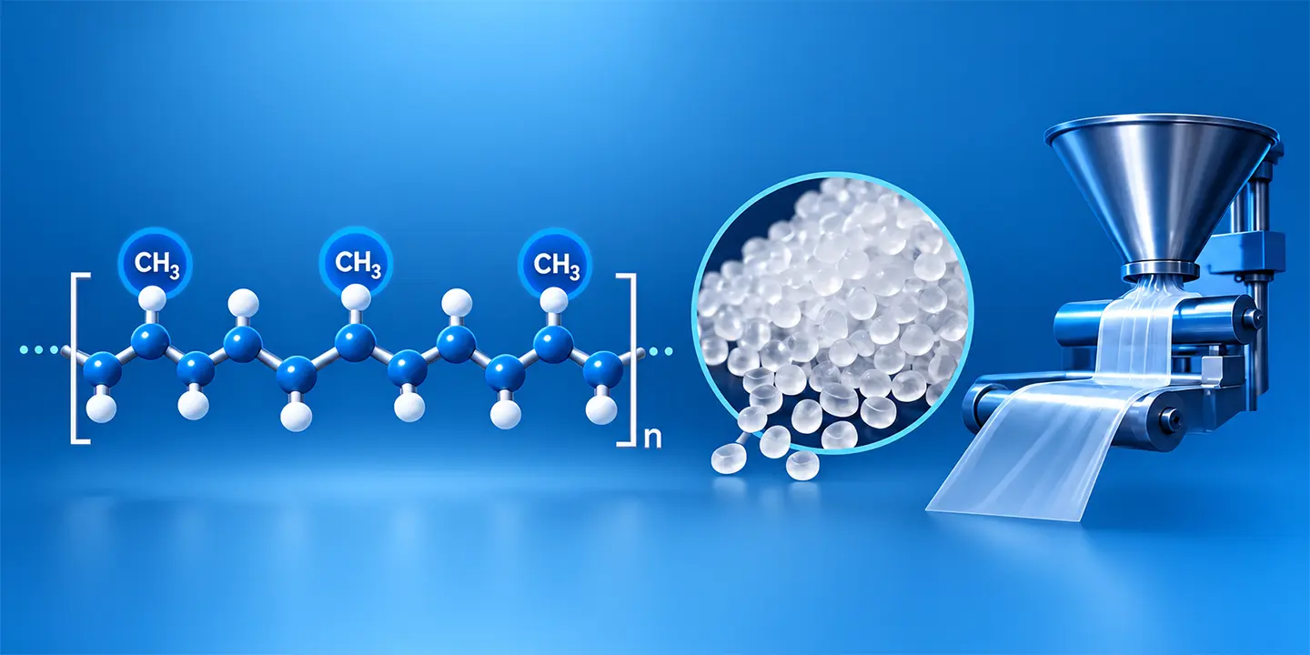 Diagram showing how polypropylene resin pellets are made through polymerization
