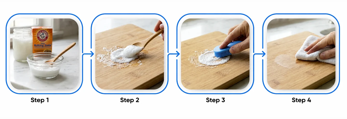 4 steps to remove sticker residue from wood using a baking soda and oil paste