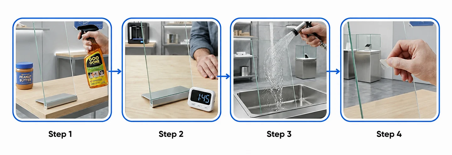 4-step process to remove sticker residue from glass using commercial adhesive remover.
