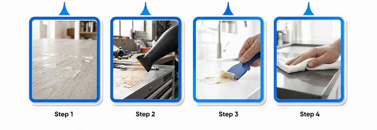 4-step heat method to remove sticker residue using a hair dryer and scraper