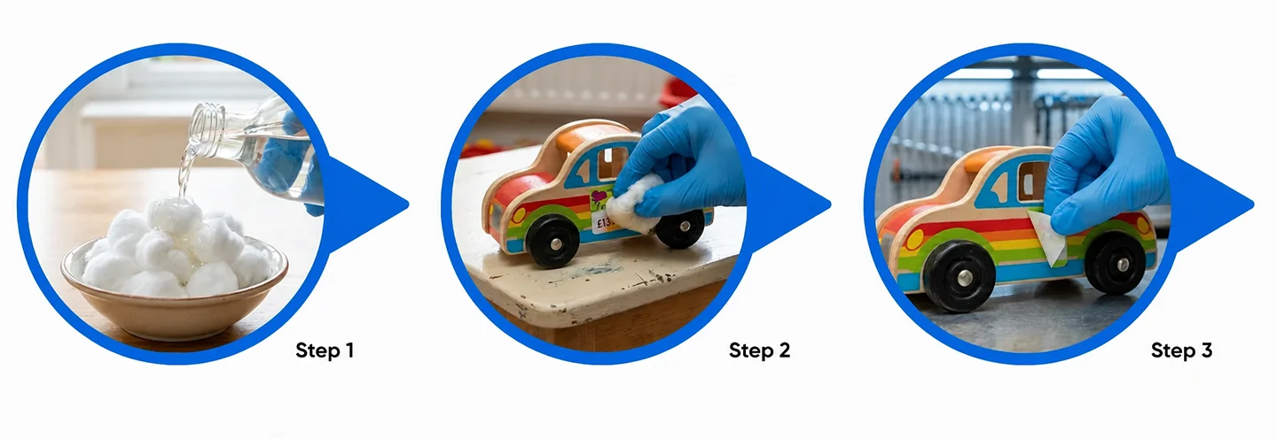 3-step process to remove sticker residue from toys using white vinegar