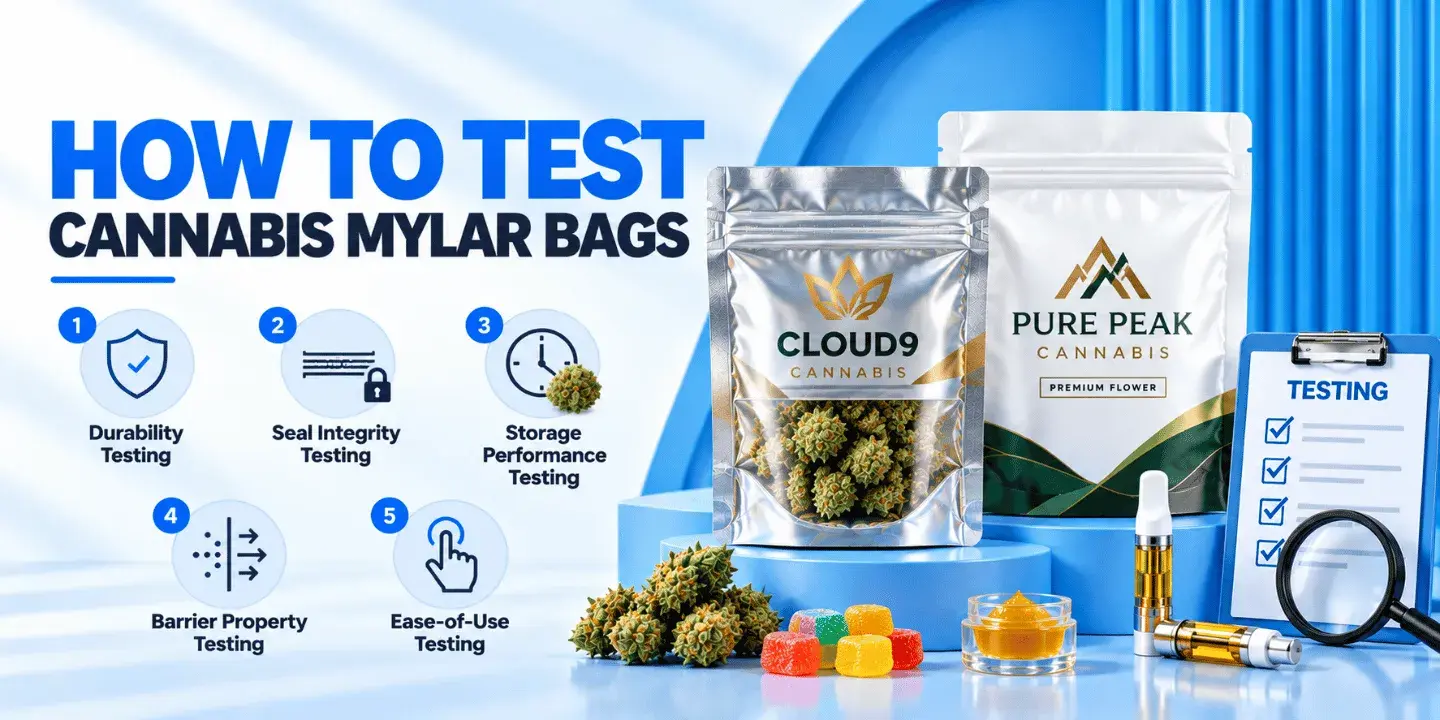 Testing cannabis Mylar bags infographic with quality checklist