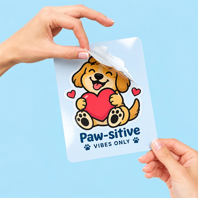 Hands peeling a custom kiss-cut dog sticker off a square backing sheet