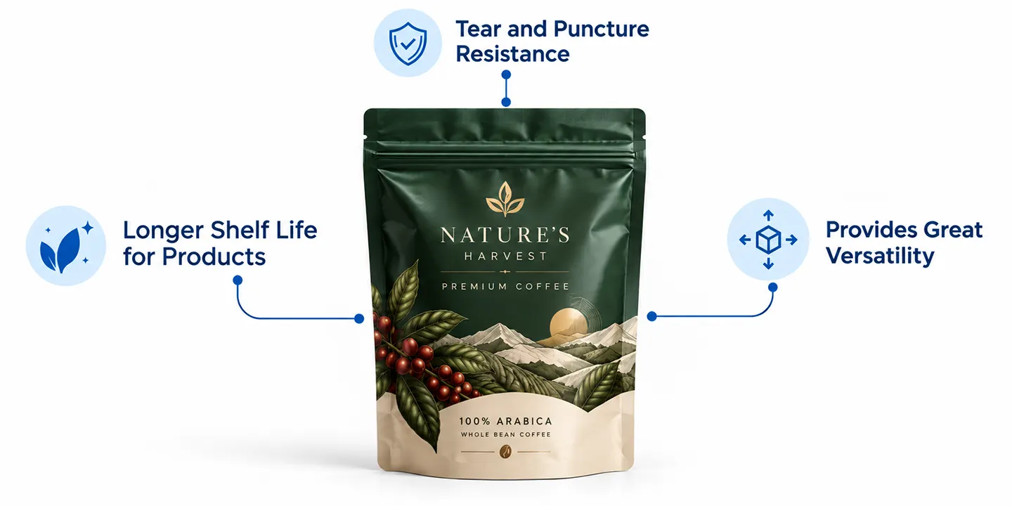 Protective Mylar packaging extending the shelf life of coffee by blocking harmful environmental conditions.