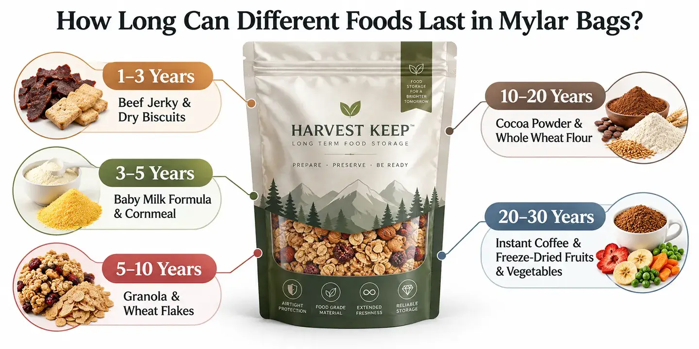 Assorted food items sealed in Mylar bags for long-term storage and extended shelf life.