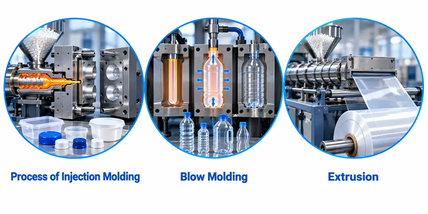 3 polypropylene packaging processes: injection molding, blow molding, and extrusion.