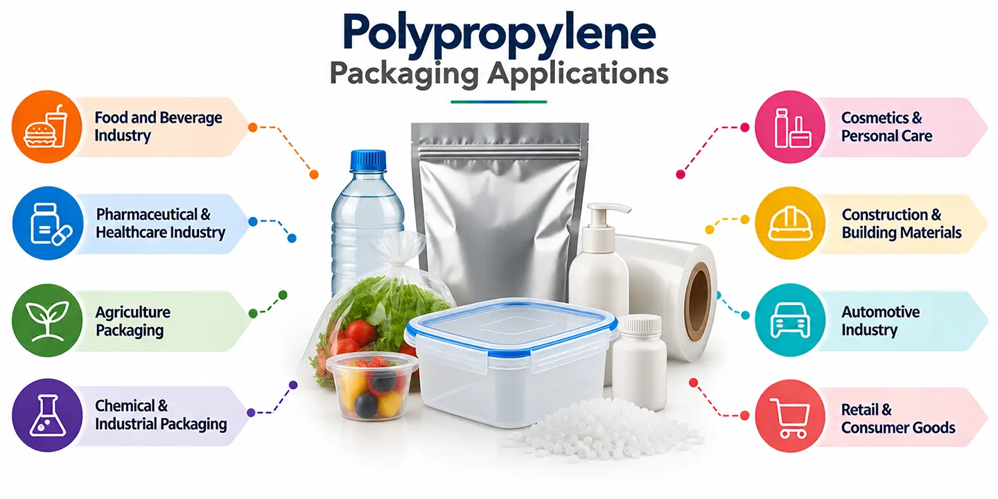 Key packaging applications of polypropylene including flexible pouches and containers.