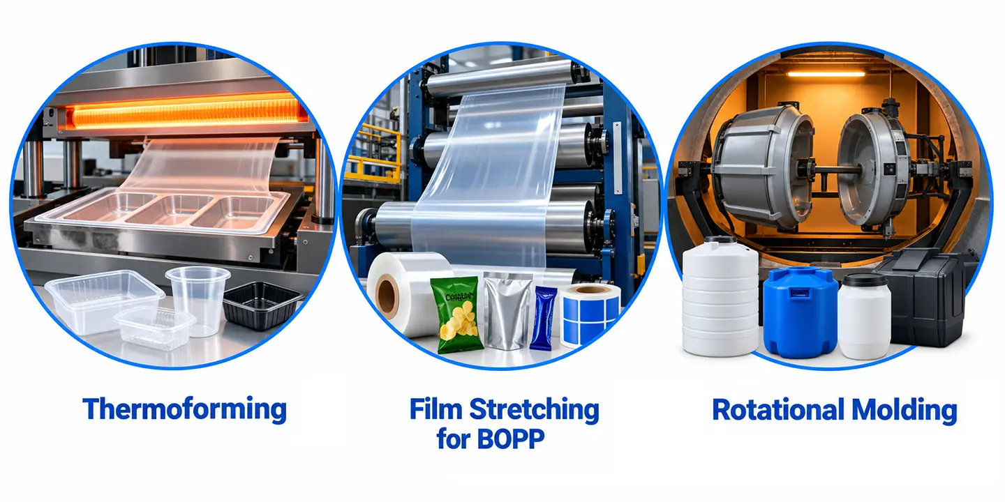 3 polypropylene processes: thermoforming, BOPP film stretching, and rotational molding.